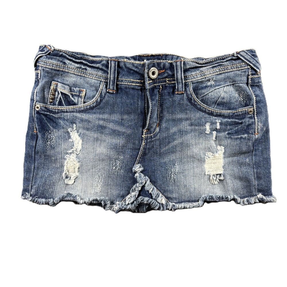Blue Asphalt Vintage Y2K Micro Mini Skirt Denim Grunge Distressed Size 5 I117
